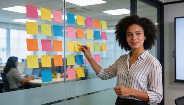 Leading sticky-note brainstorming on glass wall, female planning agile teamwork
