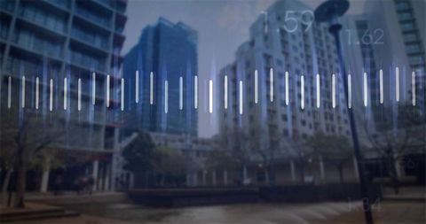 Stylish modern urban plaza with water display and audio waveform overlay