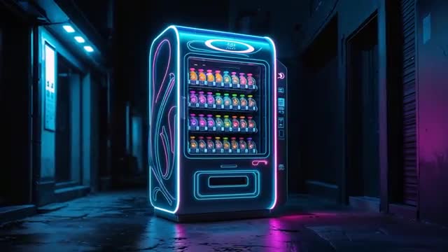 Futuristic Neon Vending Machine in Urban Nightscape Setting
