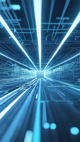 Racing Through Neon Data Tunnel Toward Portal | Futuristic Cyber Circuit Vertical Video