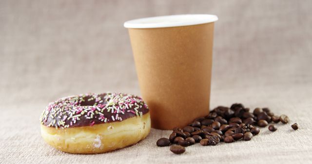 Close up of donut with hundreds of thousands sprinkle, coffee beans and coffee cup with copy space. Coffee, breakfast, lunch, dessert, food, sweets, sugar and eating concept, unaltered.