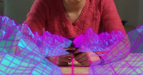 Woman Interacting with Futuristic Digital Landscape Interface