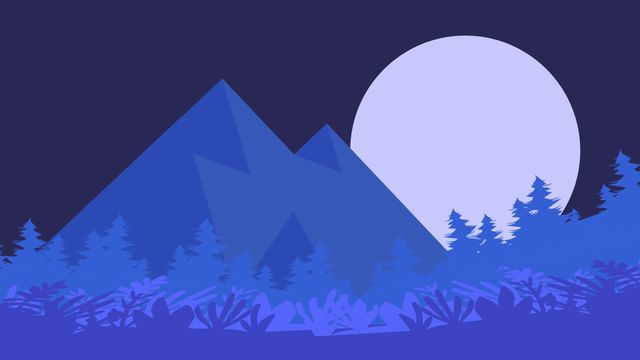 This tranquil night scene depicts gentle blue tones highlighting a large full moon over mountainous terrain, surrounded by lush forest. Ideal for use in designs focused on serenity, natural beauty, and calmness. Perfect for backgrounds in presentations or thoughtful spaces in wellness-themed projects.