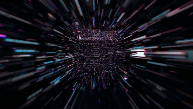 Digital Data Tunnel with Neon Light Streaks and Grid Center