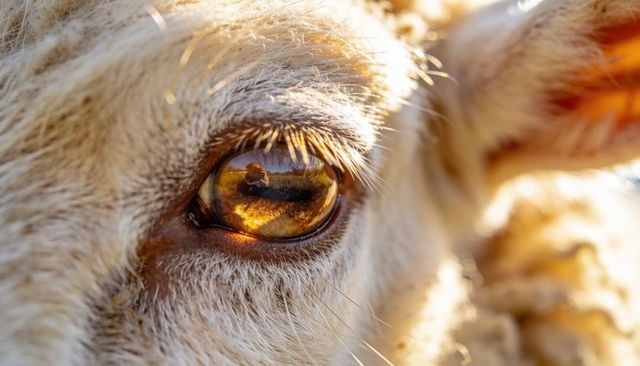 Sheep eye reflecting photographer and golden pasture at sunset, macro wool texture