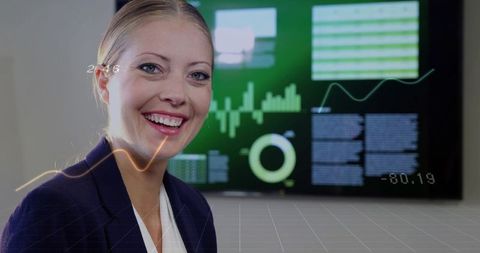 Smiling businesswoman presenting analytics with augmented reality overlays in boardroom