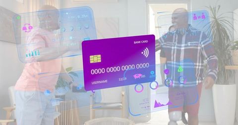 Seniors Embracing Augmented Reality Banking at Home with Floating Purple Contactless Card