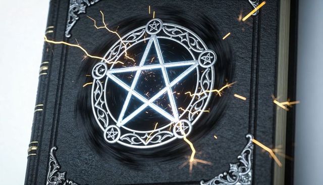 Glowing arcane grimoire with pentagram sigil and celtic knotwork sparking with energy