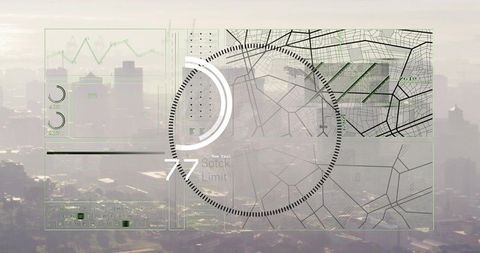 Futuristic HUD Overlay on Hazy Aerial Cityscape with Circular Gauge and Wireframe Maps