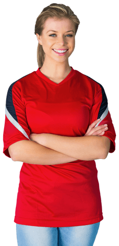 Transparent Cheerful Woman in Red Sports Shirt Smiling