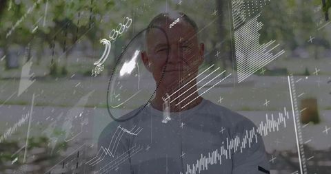 Senior man sitting on park bench with futuristic hud data overlay and visualization