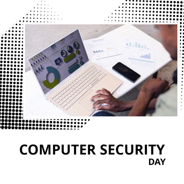 Composition of computer security day text over african american man using laptop. Computer security day and celebration concept digitally generated image.