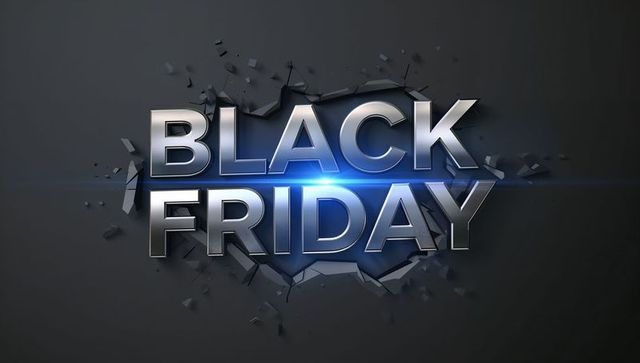 Chrome 3D Black Friday Text Breaking Through Dark Wall with Blue Light Flare