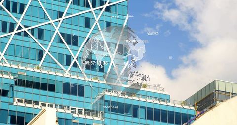 Displaying Digital Globe Overlay on Blue Glass Skyscraper with Diagonal Lattice and Planters