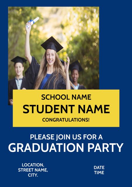 Perfect for designing personalized graduation party invitations and announcements, this vibrant image features a joyous student holding a diploma. Ideal for schools and students looking to celebrate academic achievements, it can also be used for social media posts, email invitations, and printed cards.