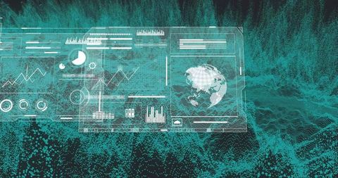 Futuristic HUD Overlay Visualizing 3D Point Cloud Terrain with Digital Globe and Analytics