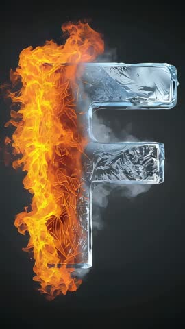 Igniting Flames Climbing Letter F, Melting Ice and Rising Steam in Vertical Motion Clip