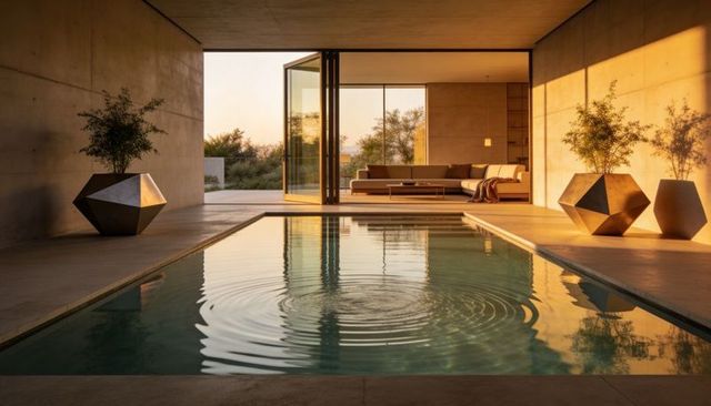 Reflecting rectangular pool with ripples and glass doors in minimalist concrete lounge