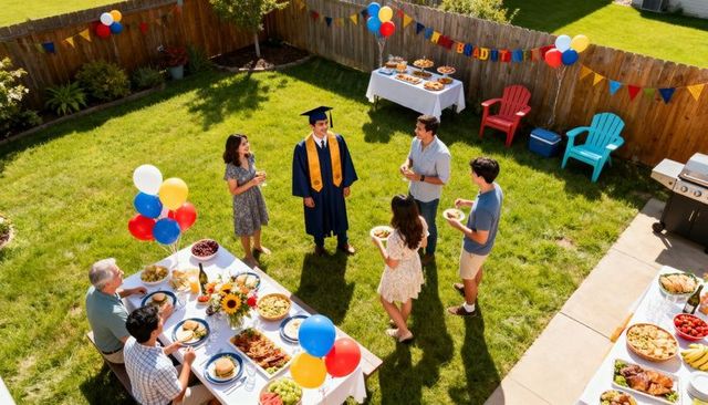 Backyard graduate celebrating in cap and gown surrounded by family, balloons and buffet