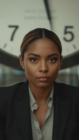 Professional woman making eye contact in lobby with large clock backdrop vertical video
