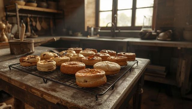 Sunlit rustic kitchen cooling rack displaying assorted artisan bagels on worn wooden table