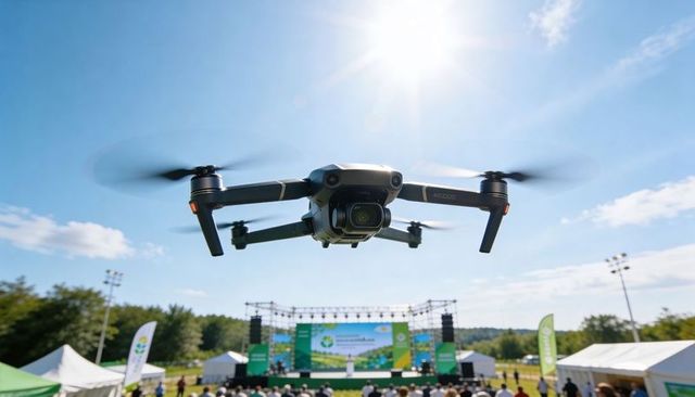 Camera drone hovering over outdoor festival stage capturing crowd and aerial footage