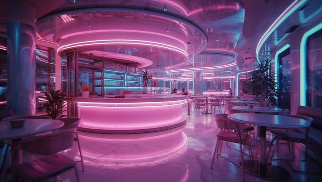 Futuristic Neon Lounge with Circular Bar and Ambient Lighting