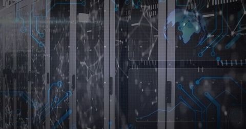 Showcasing server rack cabinets with digital network overlay for global data infrastructure