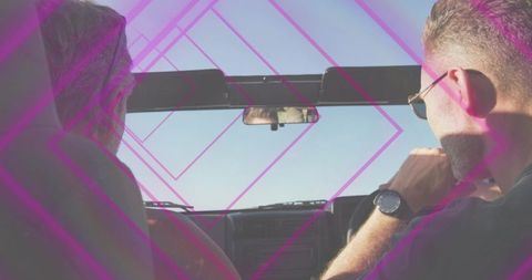 Convertible road trip driving duo with sunglasses and magenta geometric overlay