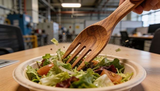 Tossing salad with wooden fork in compostable bowl on open office desk midday lunch
