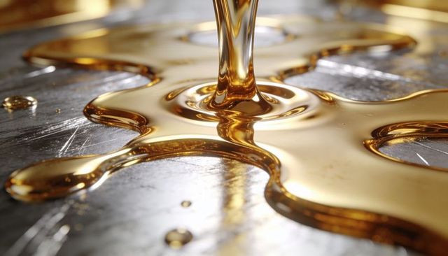 Glossy honey pour forming amber puddles on scratched metal for food and luxury design
