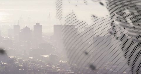 Abstract Overlay of Halftone Face on Hazy Urban Cityscape