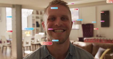 Man engaging with augmented reality in contemporary living room