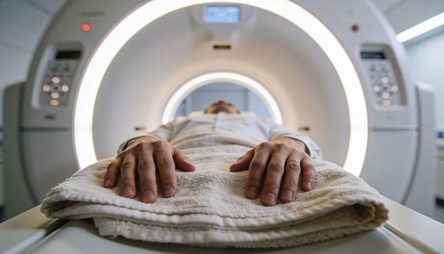 Patient receiving mri scan hands resting on folded towel inside glowing mri gantry machine