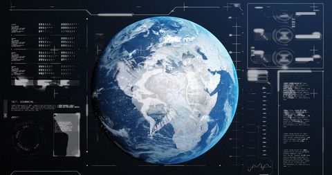 Digitally generated earth with data graphics represents globalization
