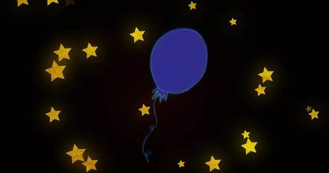 Floating solitary blue balloon drifting through glowing golden star field at night