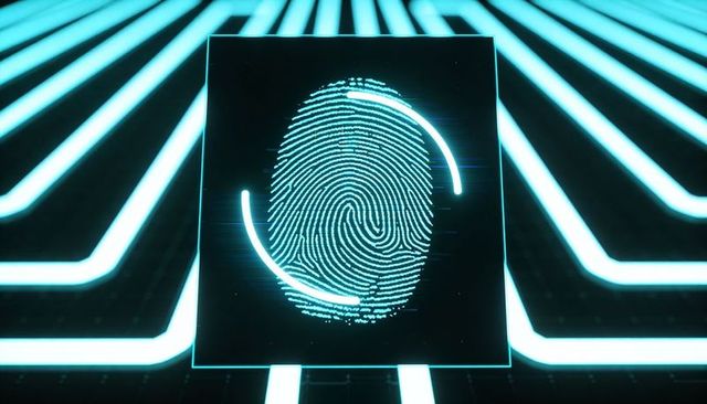 Neon Cyan Biometric Fingerprint Scanner Displaying Futuristic Cybersecurity Authentication Interface