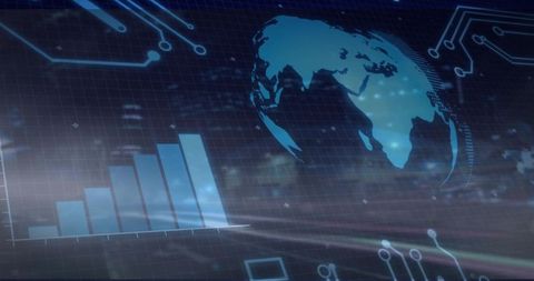 Futuristic global data dashboard with ascending bar chart and circuit interface