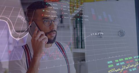 Biracial Businessman Analyzing Data on Smartphone with Digital Interface