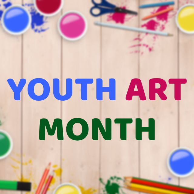 Youth Art Month Celebration with Colorful Art Supplies on Wooden Background - Download Free Stock Templates Pikwizard.com