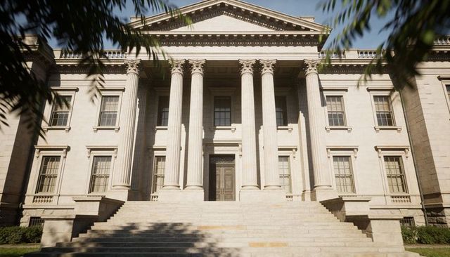 Sunlit neoclassical civic building with grand portico, six fluted columns and staircase