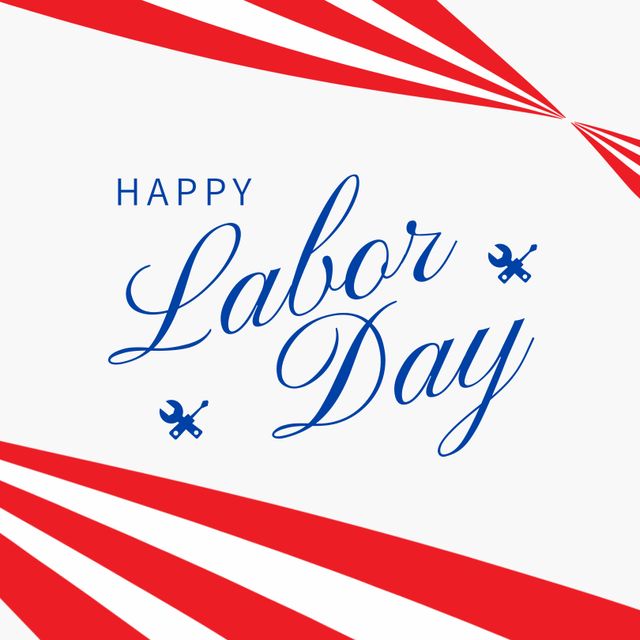 Illustration of happy labor day text with red stripes, wrench and screwdriver on white background. Copy space, vector, hand tools, employment, honor, freedom, celebration and holiday concept.