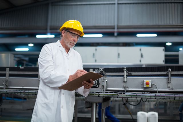 Senior engineer wearing safety helmet and white coat inspecting production line in beverage factory. Ideal for use in articles about manufacturing processes, quality control, industrial safety, and factory operations.