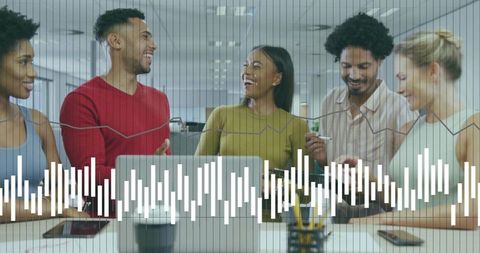 Diverse Business Team Collaborating with Data Overlay in Modern Office Space