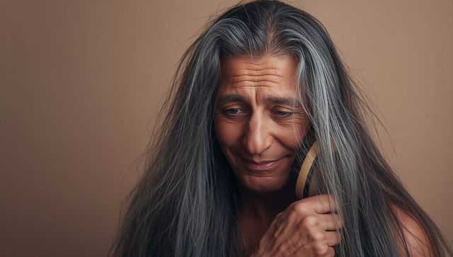 Brushing long gray hair contemplative senior man with wooden brush and warm expression