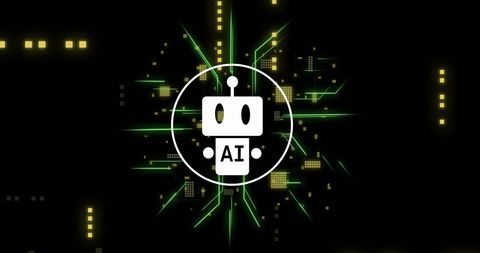 Ai chatbot and digital data schematic with glowing circuits