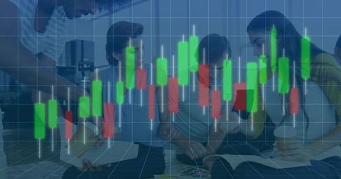 Multicultural Team Collaborating Over Reports with Candlestick Stock Chart Overlay