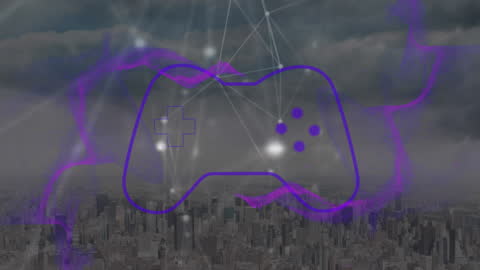 Digital Game Controller Over Urban Skyline with Network Connectors