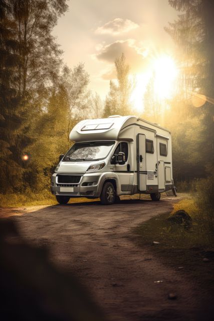 White camper van with sunlight and trees in forest created using generative ai technology - Download Free Stock Photos Pikwizard.com