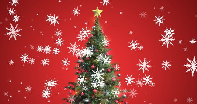 Christmas Tree with Falling Snowflakes on Red Background - Download Free Stock Images Pikwizard.com